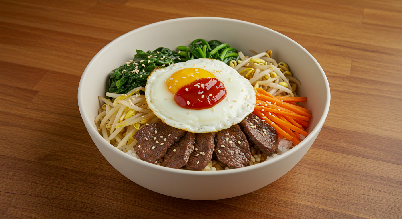 Korean Bibimbap rice bowl with colorful vegetables (한국 전통 비빔밥)"