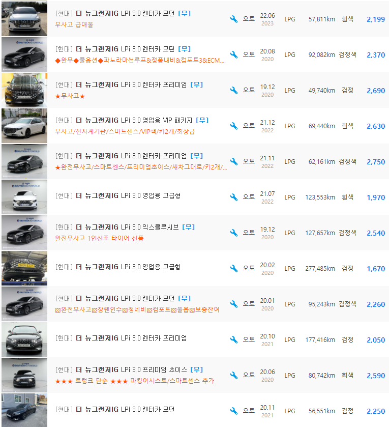 더 뉴 그랜저IG 3.0 LPi 등급 중고차 시세 : 1,670만원 ~ 4,000만원