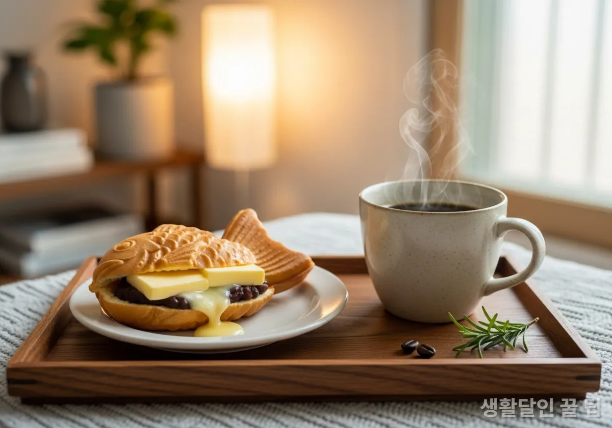 버터를 끼운 앙버터 붕어빵과 따뜻한 커피가 차려진 홈카페 테이블