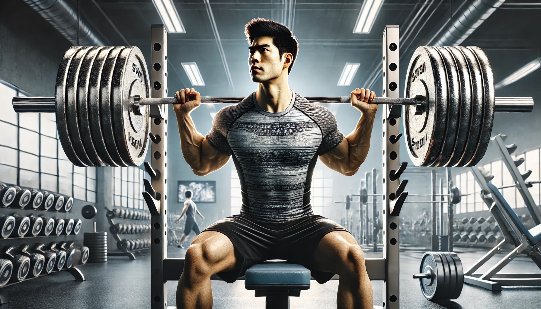 근육질의 한국 남성이 헬스장에서 고중량 벤치프레스를 수행하는 모습, 역기와 운동 기구 포함, 강한 집중력과 노력 표현