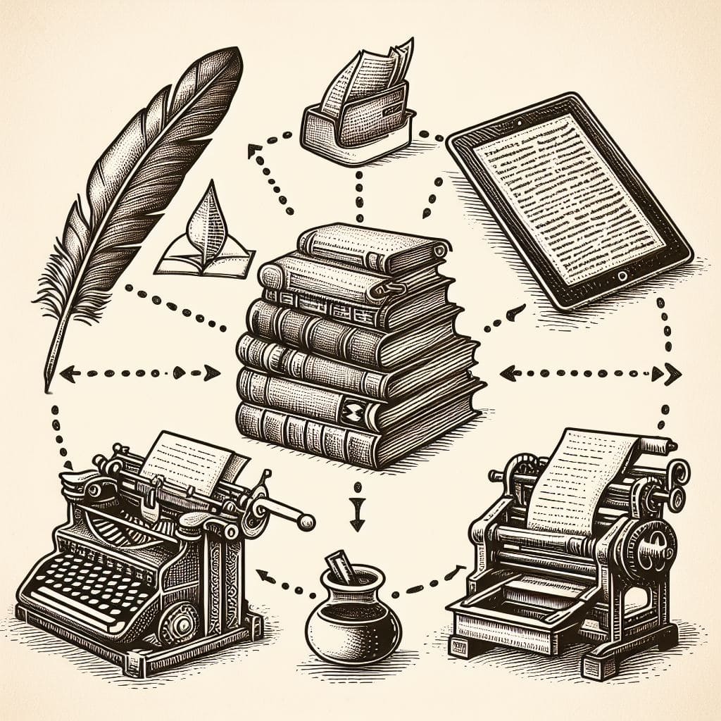 가운데에 책이 여려 권 쌓여있고 그 주위를 둥글게 글씨를 쓸 수 있는 깃털펜과 아이패드, 인쇄기와 잉크를 나타내는 일러스트가 그려져 있다.