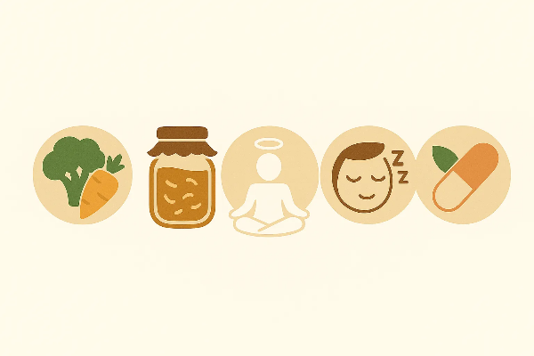 건강한 장-뇌 축 유지를 위한 식이섬유, 발효식품, 스트레스 관리, 수면, 프로바이오틱스를 상징하는 아이콘 일러스트