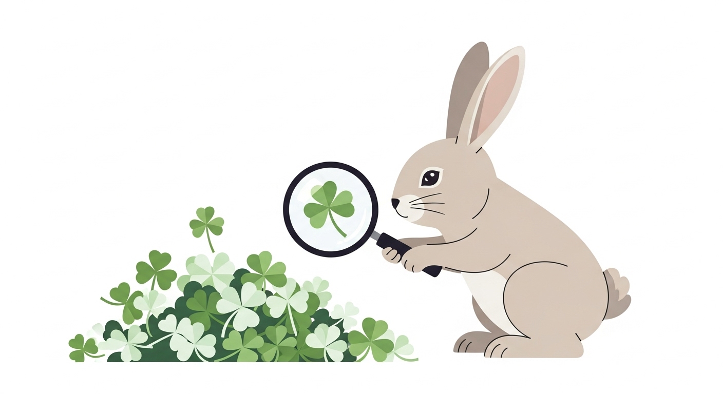 돋보기로 수많은 클로버 중에서 행운을 찾아내는 섬세하고 관찰력 좋은 토끼 캐릭터 일러스트