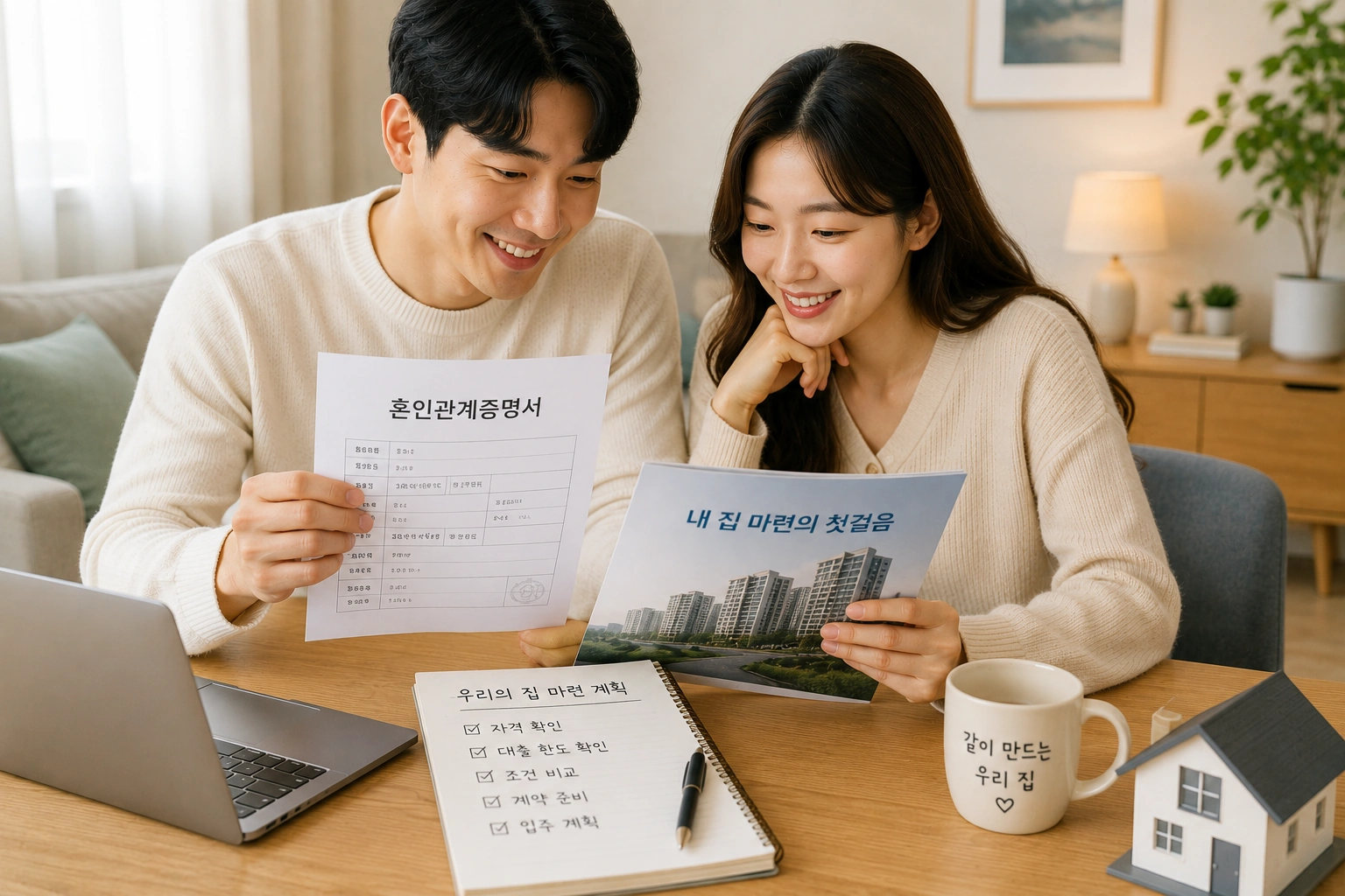 신혼부부가 혼인관계증명서와 내 집 마련 자료를 함께 확인하며 디딤돌대출 신청을 준비하는 모습
