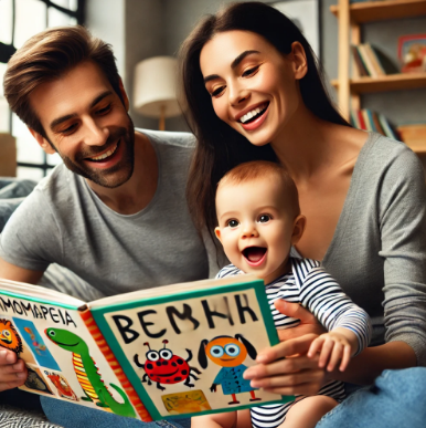 부모가 아기에게 의성어, 의태어를 들려주는 모습