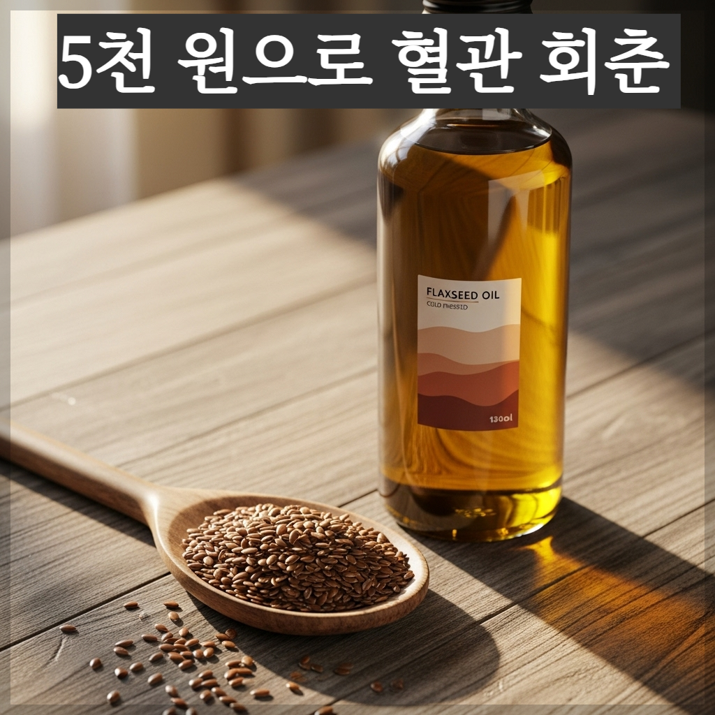 따뜻한 아침 햇살이 비치는 나무 테이블 위에 투명한 유리병에 담긴 영롱한 황금빛 아마씨유와 고소하게 볶아진 아마씨앗 한 움큼이 나무 스푼에 담겨 있는 건강하고 평온한 분위기의 실사 이미지