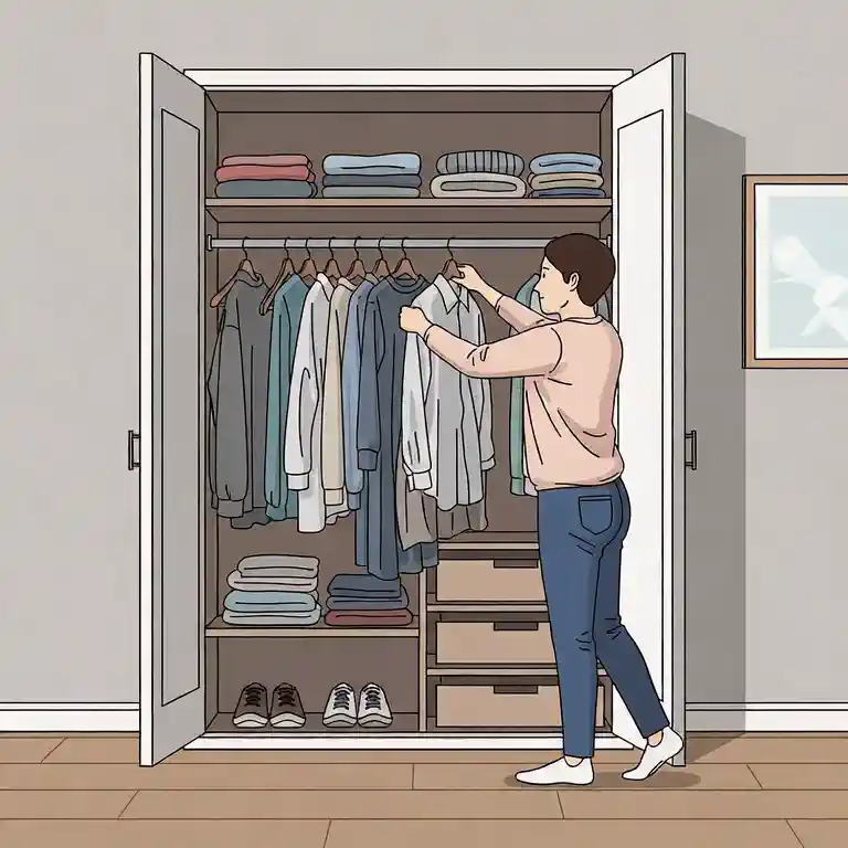정리된 옷장에 옷 거는 장면
