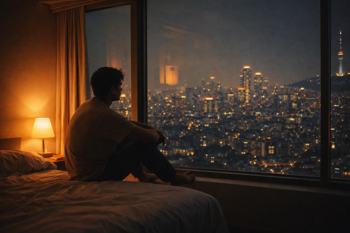 따뜻한 실내 조명 아래 큰 창가에 앉아 밤 도시를 바라보는 한 남자의 조용한 장면