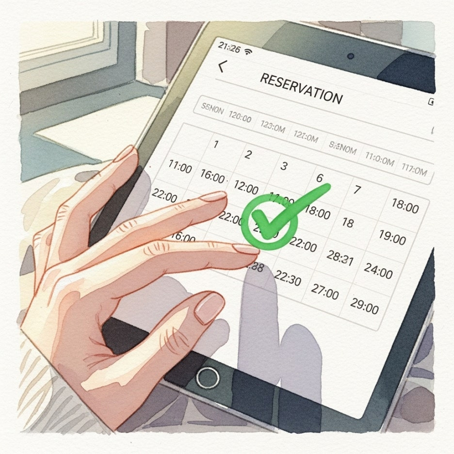 태블릿으로 예약 일정을 확인하는 차분한 수채화 장면