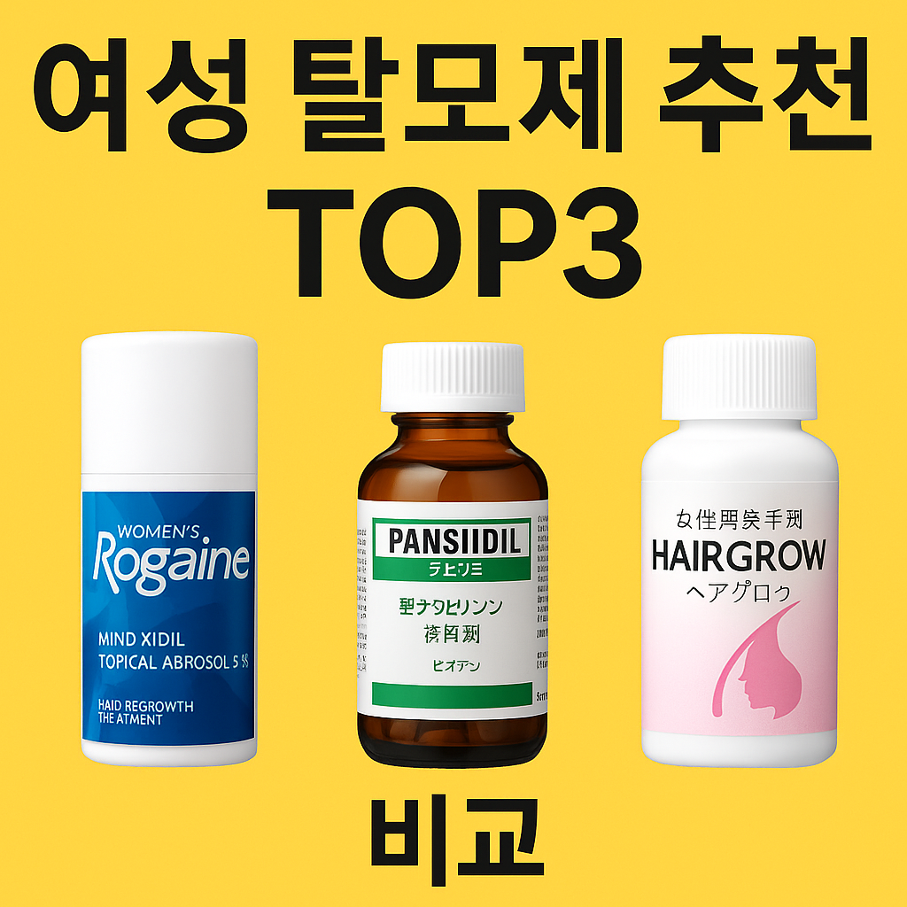 여성 탈모제 비교 – 로게인, 판시딜, 헤어그로우 대표 제품 이미지와 함께 추천 타이틀이 있는 썸네일