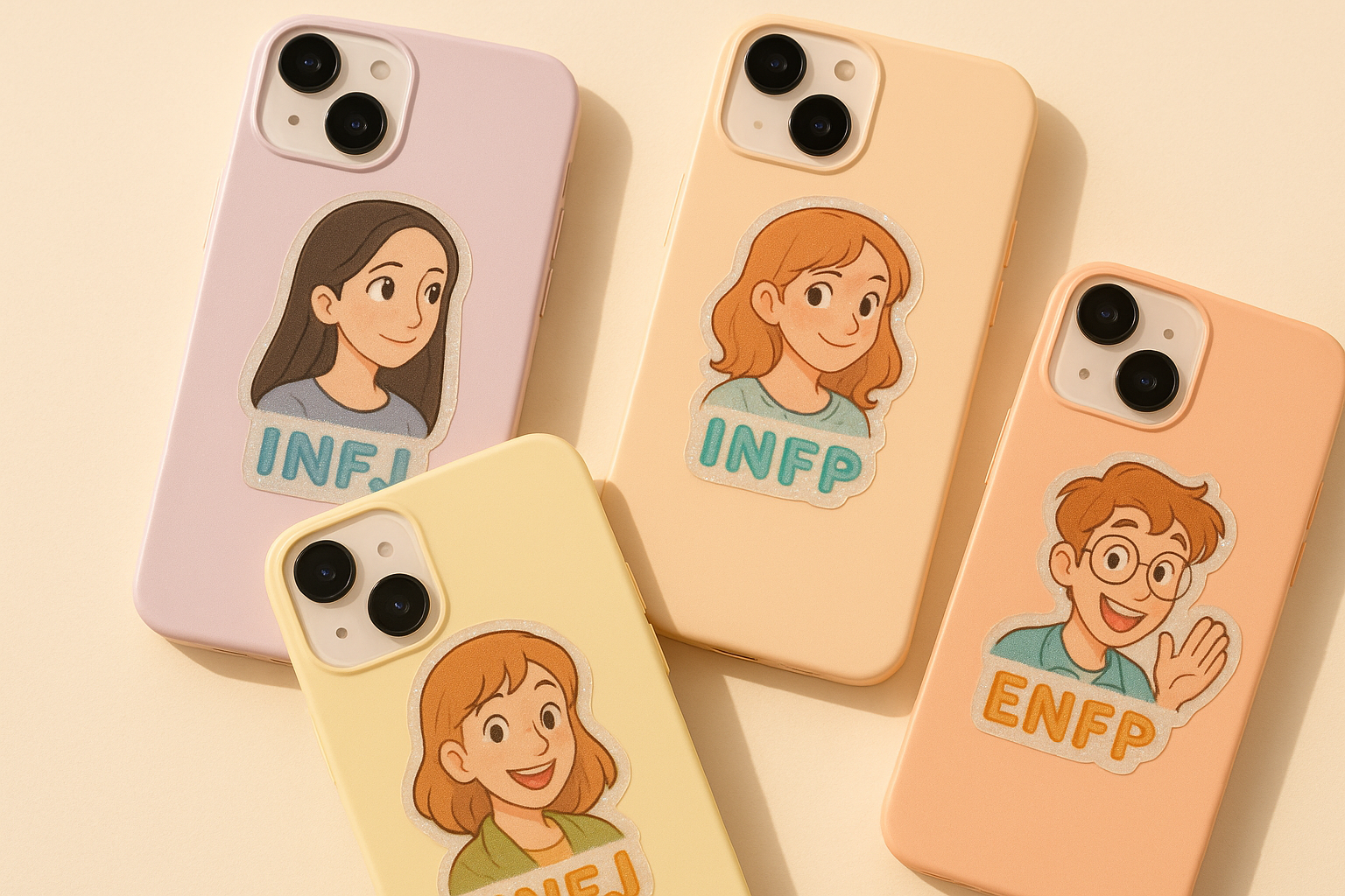 INFJ, INFP, ENFJ, ENFP용 스마트폰 케이스 네 개가 반원형으로 배치되어 있으며, 파스텔 베이스 위에 별&middot;달&middot;눈&middot;스마일 모양의 오리지널 심볼 스티커가 붙어 밝고 유쾌한 무드를 연출함