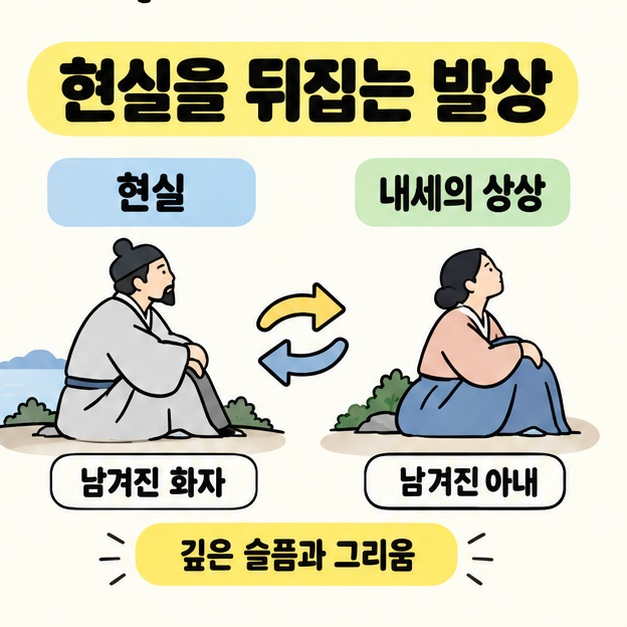 현실의 남겨진 화자와 내세의 상상 속 남겨진 아내를 맞바꿈 화살표로 비교하고 깊은 슬픔과 그리움을 표시한 그림