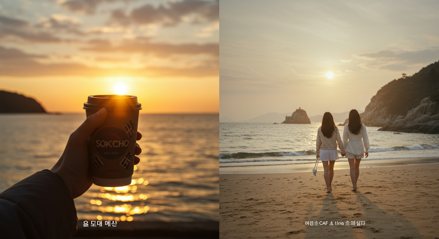 속초 바다뷰 카페에서 커피를 즐기는 손과 노을, 해변을 산책하는 모습