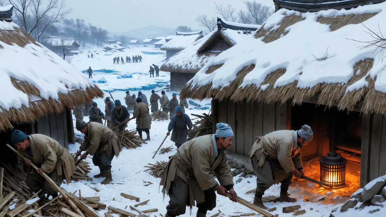 눈 덮인 초가집과 얼음 채취