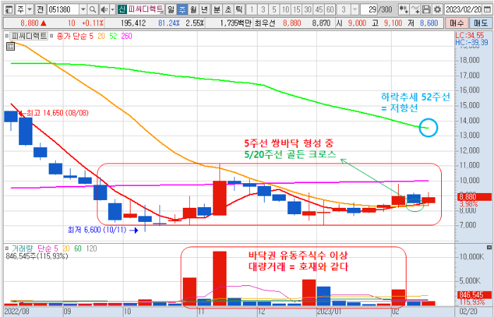 2월 24일 피씨디렉트 주가 주봉 차트