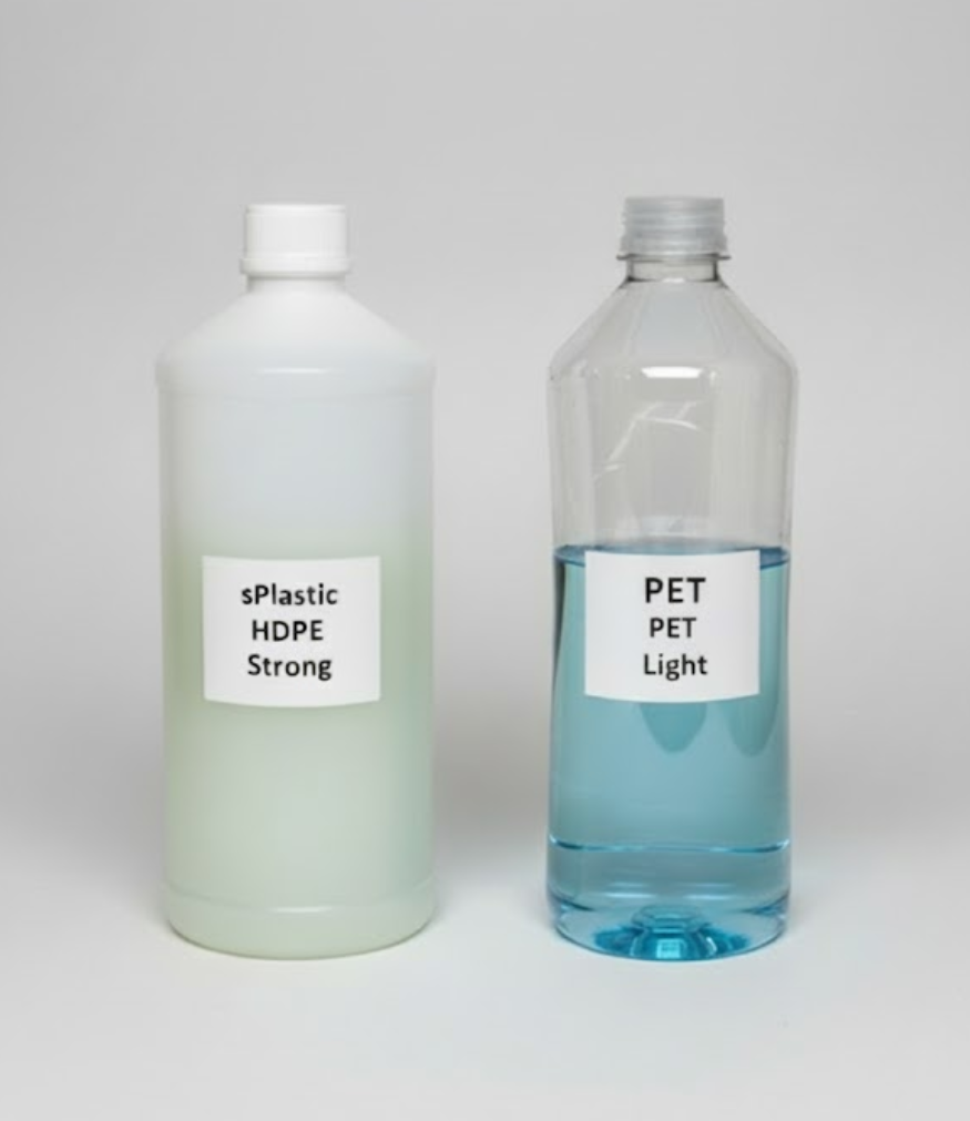 튼튼한 반투명 HDPE 용기와 약해 보이는 투명 PET 용기를 비교하는 이미지. 전문 용기 제조업체의 선택