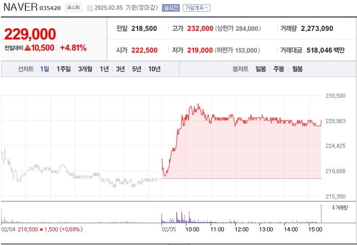 딥시크 수혜주 네이버 주가 그래프