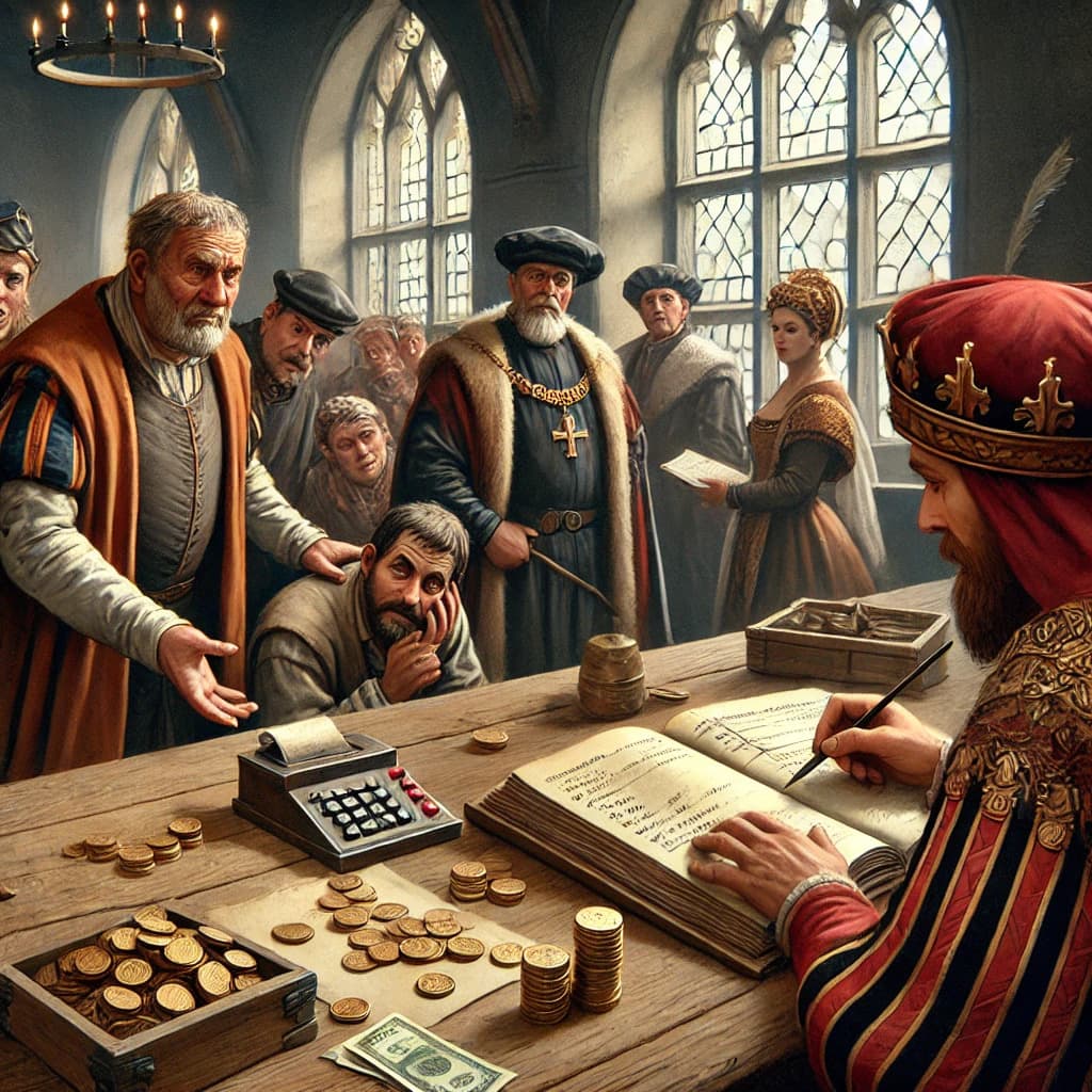 중세 봉건사회 세금 징수원(Tithe Collector)이 세금을 징수하는 모습