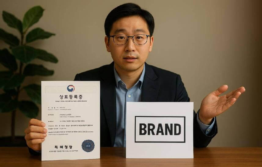 상표 등록증과 브랜드 로고를 함께 설명하는 장면