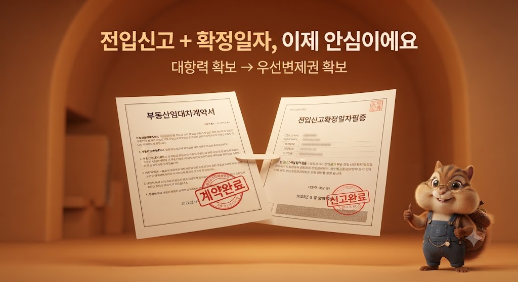 이사박스와 계약서·도장이 떠 있는 이미지, "전입신고 → 확정일자" 순서 요약과 함께 있는 다랑이 캐릭터