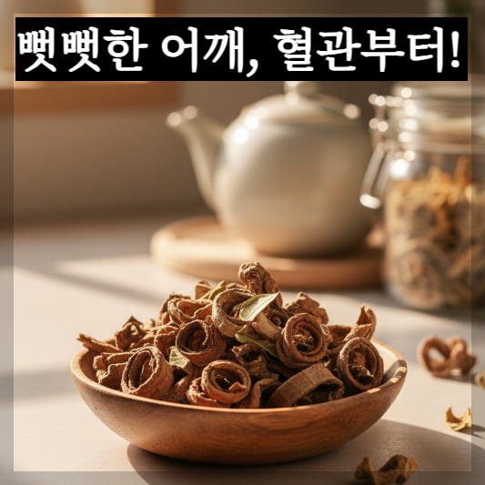 따스한 오후 햇살이 비치는 나무 테이블 위에 말린 두충 껍질들과 맑은 갈색 두충차가 담긴 유리잔에서 하얀 김이 모락모락 피어오르는 치유 분위기의 실사 이미지