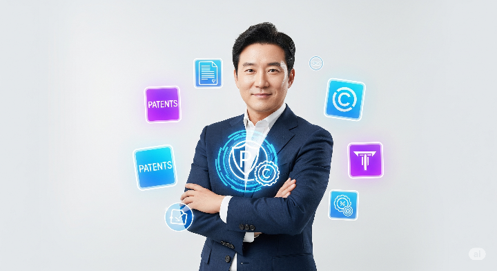 특허, 저작권, 상표 등 다양한 지식재산권 아이콘과 남성이 함께 있는 모습