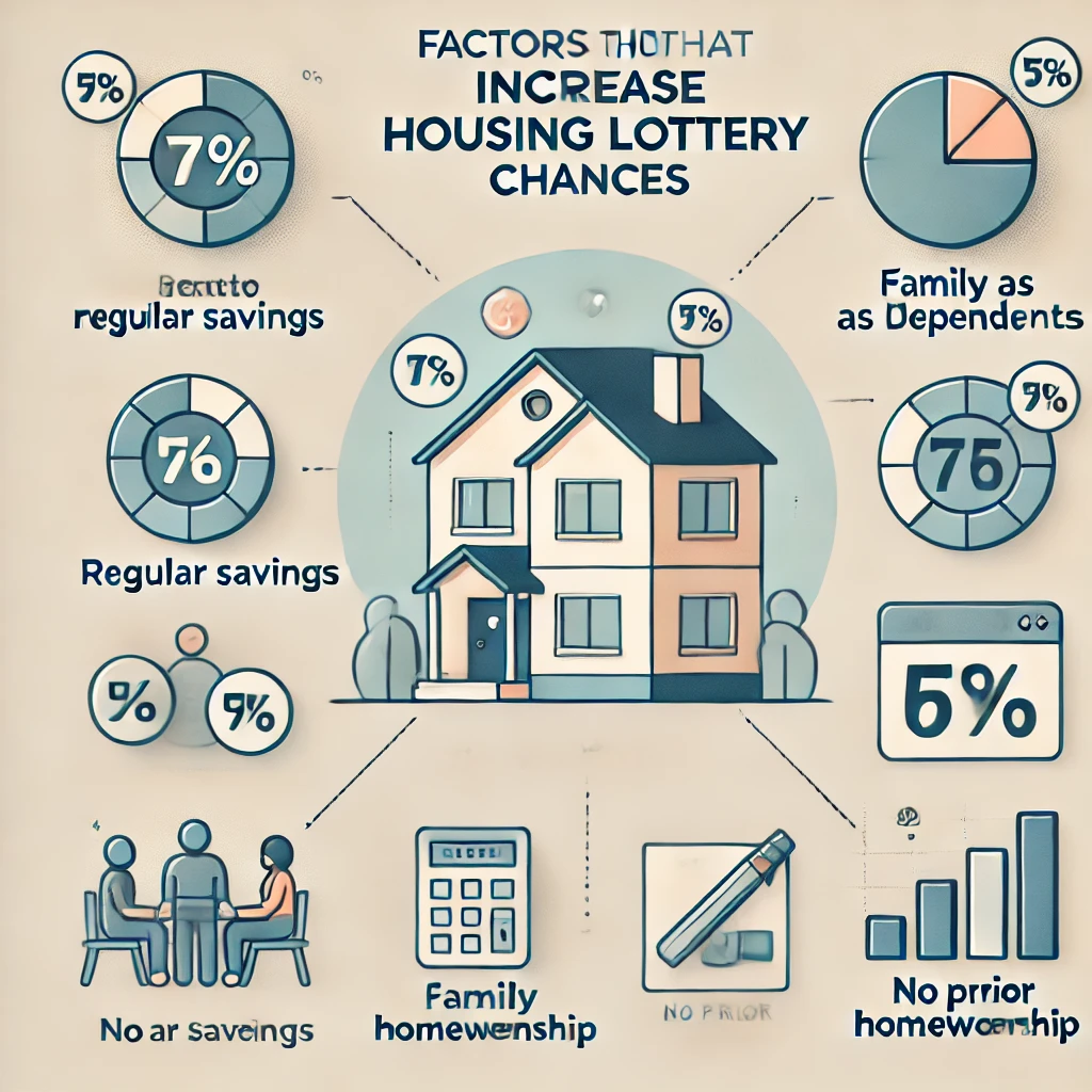 아파트 청약 당첨 확률을 높이는 요인들을 보여주는 인포그래픽. 정기적인 저축, 부양가족 수, 무주택 기간 등이 시각적으로 표현되어 있습니다. 각각의 요소가 당첨 확률에 미치는 영향을 알기 쉽게 설명합니다.