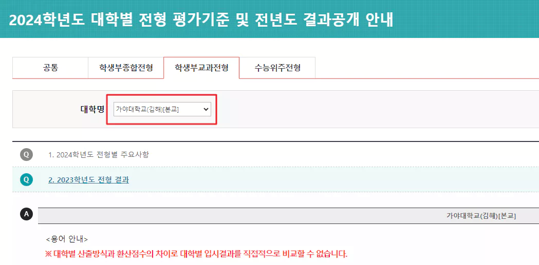 전년도 입시결과 확인