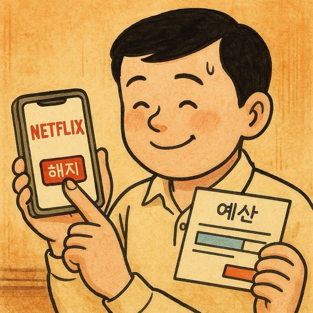 넷플릭스 해지 버튼을 누르고 안심하는 캐릭터와 옆에 줄어든 예산표를 확인