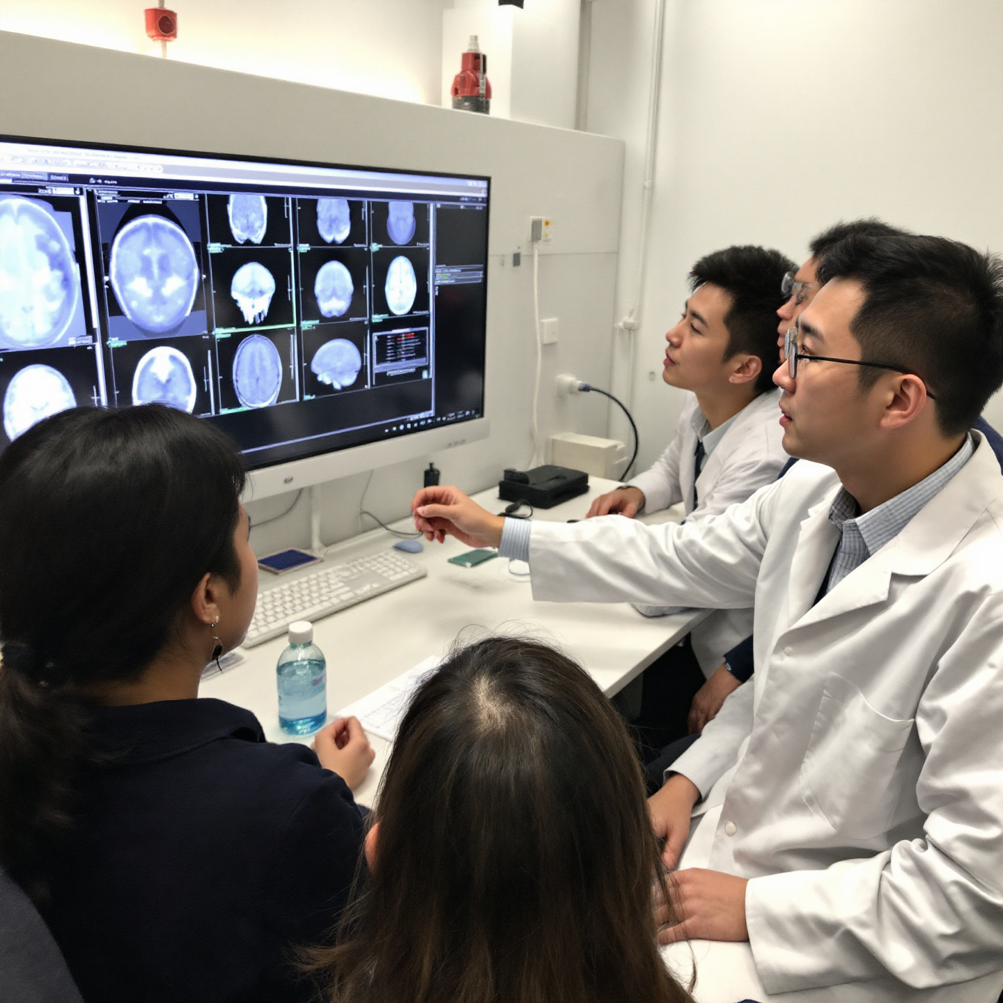 뇌 스캔 사진을 보며 설명하는 의사