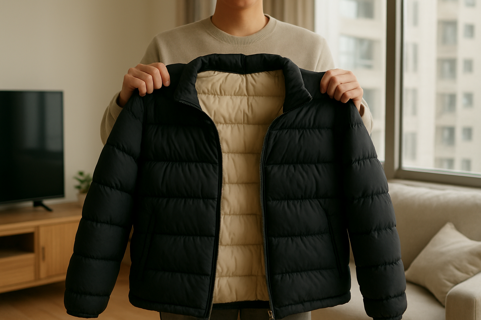 지퍼를 끝까지 잠그고 안감이 보이도록 뒤집은 패딩