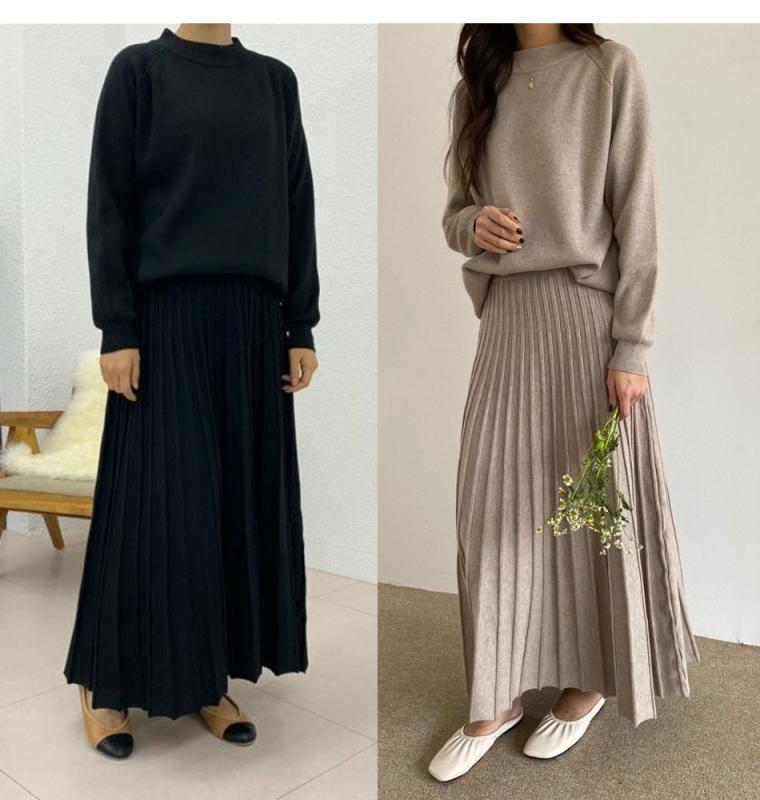 젠느 투피스 니트 롱 스커트 세트 플리츠 주름 플레어