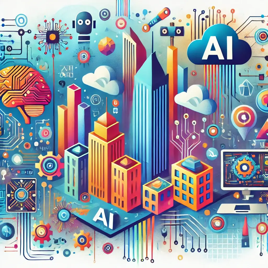 AI관련 기업들의 애니메이션풍의 이미지다. 여러가지 클라우드 이미지 톱니바퀴 이미지 건물들과 그래프 AI를 상징하는 뇌모양의 형태 등등 다양한 AI와 관련된 그림들이 그려져 있다. 가온데는 도시의 건물들이 들어서 있다.
