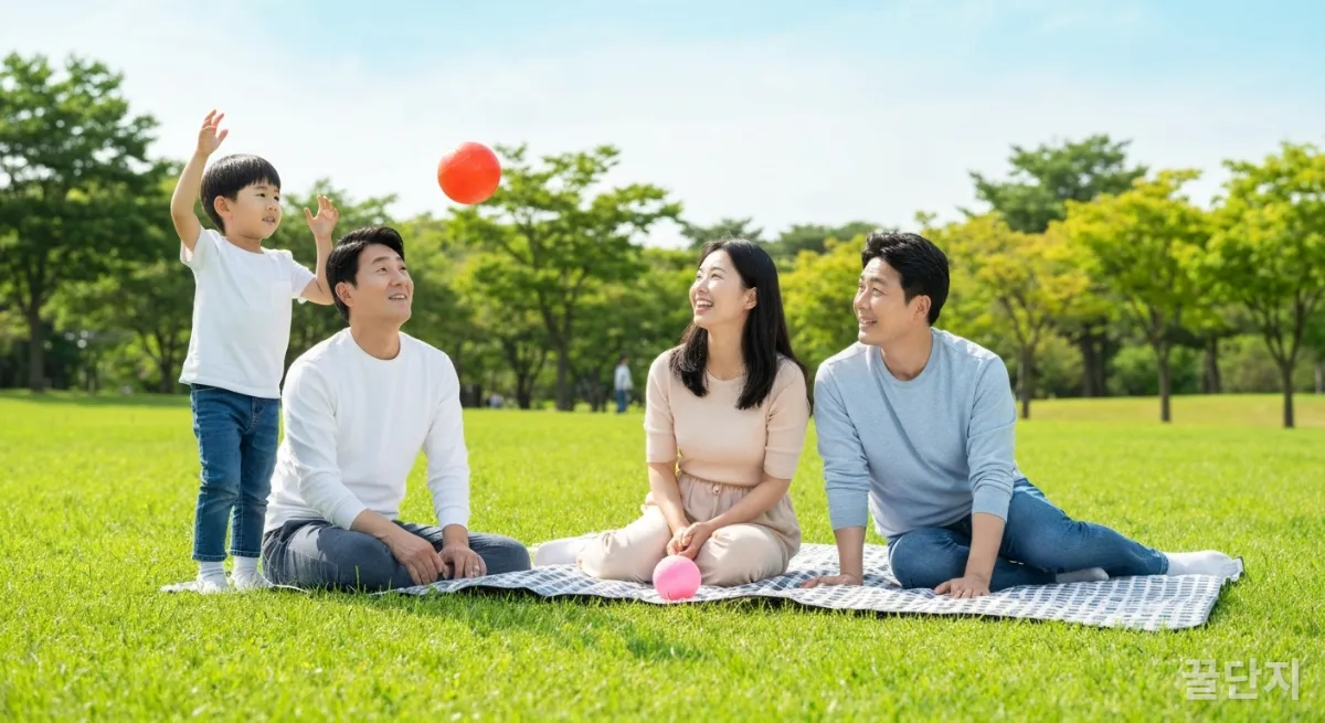 화창한 공원에서 피크닉을 즐기며 뛰어노는 한국인 가족