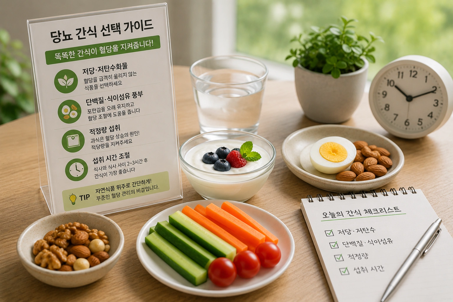 당뇨 환자를 위한 건강한 간식 관리 습관을 보여주는 요거트&amp;#44; 삶은 달걀&amp;#44; 견과류&amp;#44; 채소와 계획적인 간식 준비 이미지