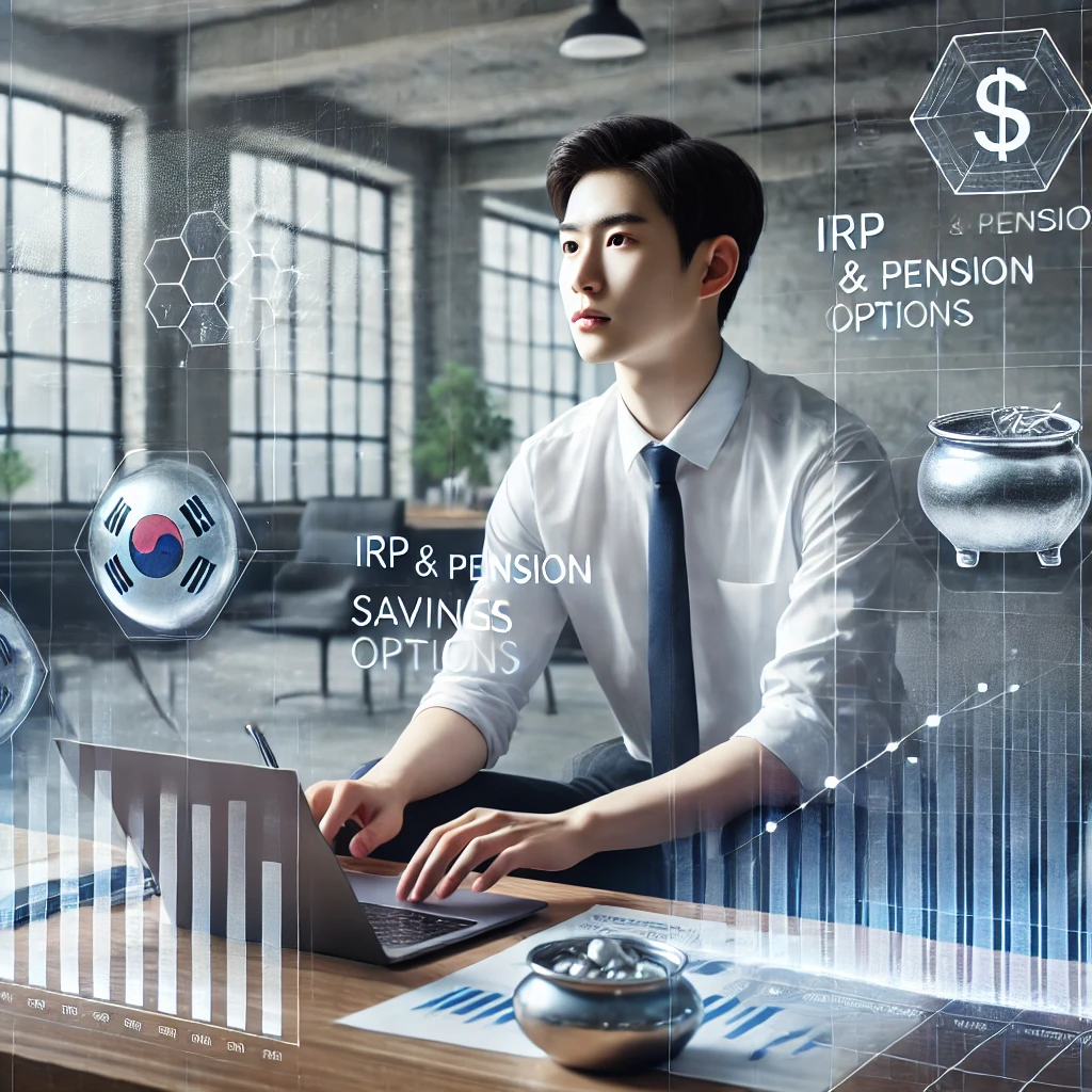 젊은 전문가(20대)가 사무실에서 IRP와 연금저축 옵션을 비교하며 전략적으로 계획하는 장면. 책상에는 금융 차트와 노트북이 배치되어 있음