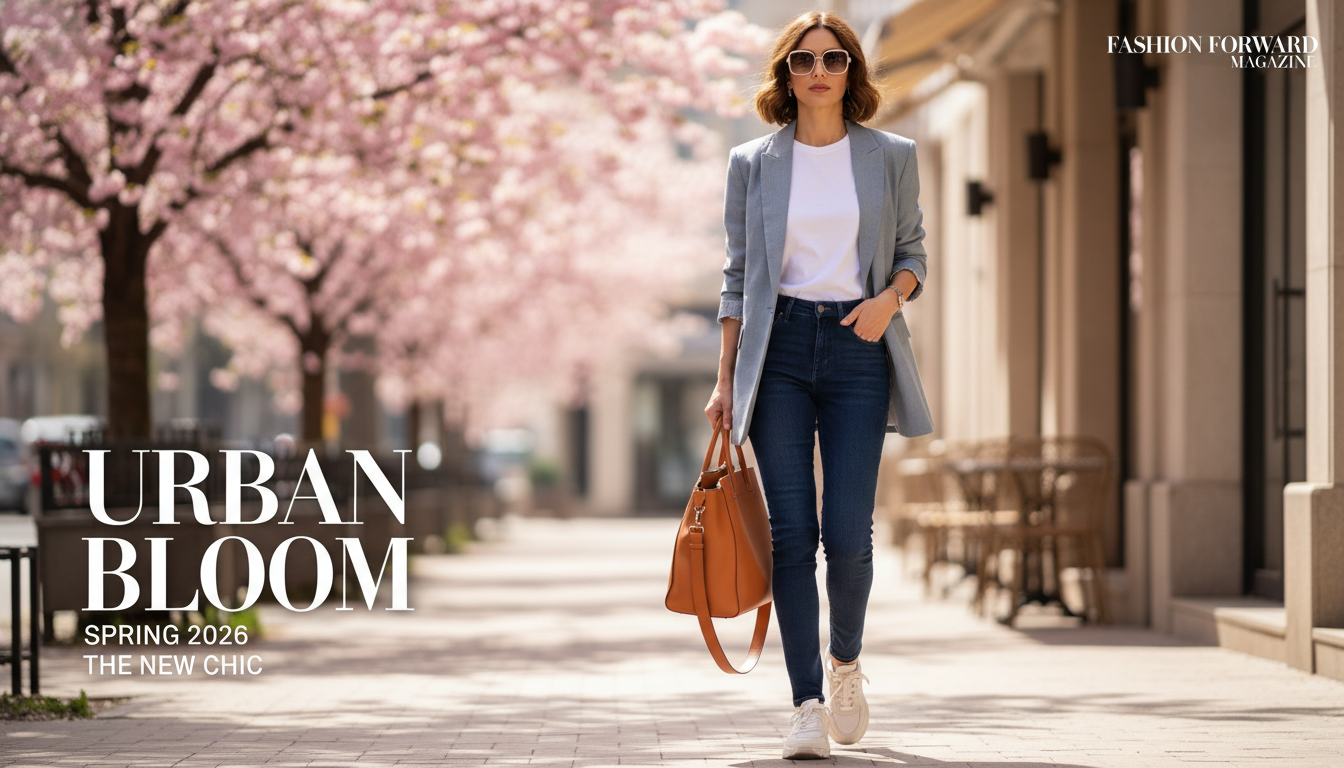 2026년 봄 트렌드인 블루 그레이 오버핏 블레이저와 다크 워싱 하이웨이스트 스키니 진을 입고 거리를 걷는 세련된 여성