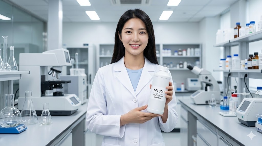 첨단 연구실 환경에서 여성 전문가가 "M1000 Professional Standard" 라벨이 부착된 삼양플라스틱 M1000 HDPE 용기를 들고 신뢰감 있는 표정을 짓고 있습니다. 전문적이고 신뢰할 수 있는 산업용 1리터 표준 용기임을 강조합니다. (전문적인 연구실 배경과 모델의 신뢰감 있는 표정을 통해 M1000의 품질과 전문성을 강조합니다.