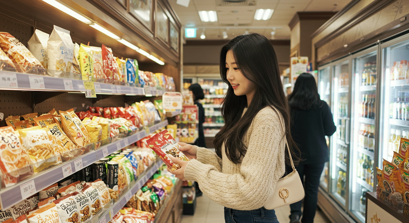 일본 편의점에서 간식을 고르는 여자
