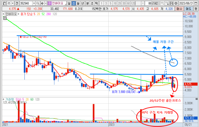 인바이오 주가 주봉 차트 분석 (2023.8.25)