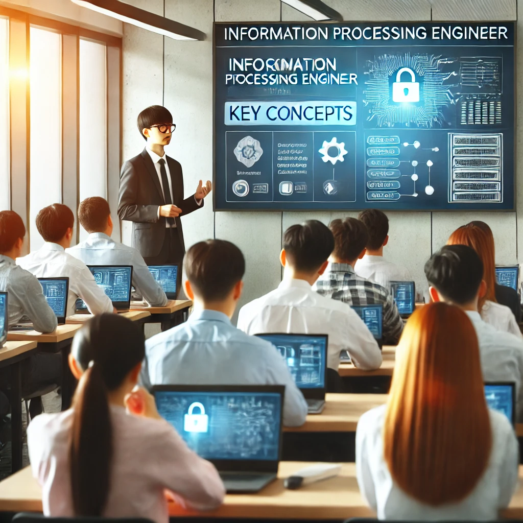 교실에서 정보처리기사 시험의 주요 개념을 검토하며 교사가 프로젝터로 슬라이드를 설명하고 학생들이 필기하는 모습