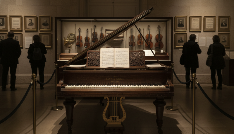 우아하고 고풍스러운 음악 박물관에 전시된 앤티크 그랜드 피아노. 섬세한 악기 디테일이 돋보이며, 관람객들이 주변을 둘러보고 있다.