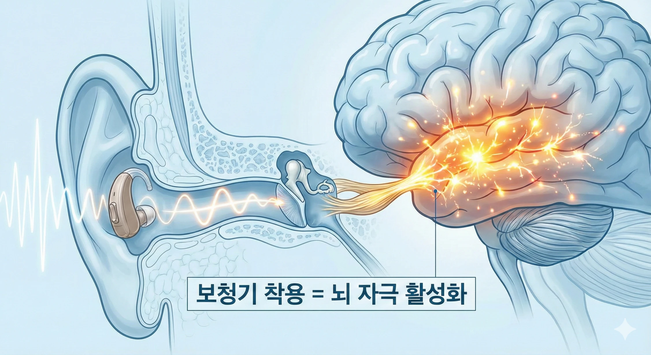 사람의 귀와 뇌의 내부 구조를 보여주는 의학 일러스트. 귀 안에 보청기가 착용되어 있고, 외부 소리 신호(파동)가 보청기를 통해 증폭되어 청신경을 따라 뇌의 청각 담당 부위로 전달되면서 해당 뇌 부위가 밝게 빛나며 활성화되는 모습이 시각화되어 '보청기 착용 = 뇌 자극 활성화'를 강조함.