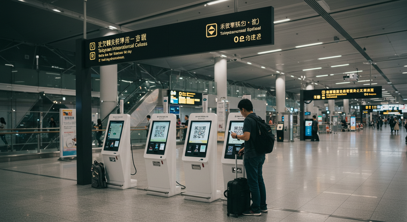 타오위안 공항 입국장에서 QR코드를 스캔하는 여행자