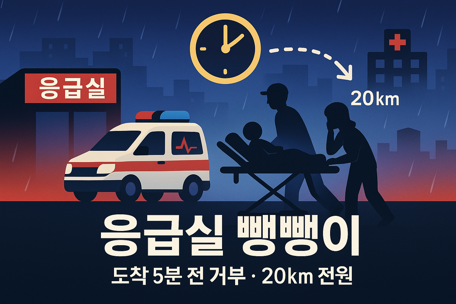 밤비 속 응급실 앞 구급차와 들것, ‘도착 5분 전 거부·20km 전원’을 시계·화살표로 표현