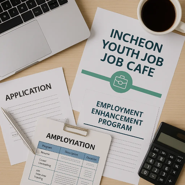 인천 청년 일자리 카페와 취업 역량 강화 프로그램 안내문, 노트북, 커피, 신청서, 펜, 계산기가 정돈된 사물 스튜디오컷 이미지