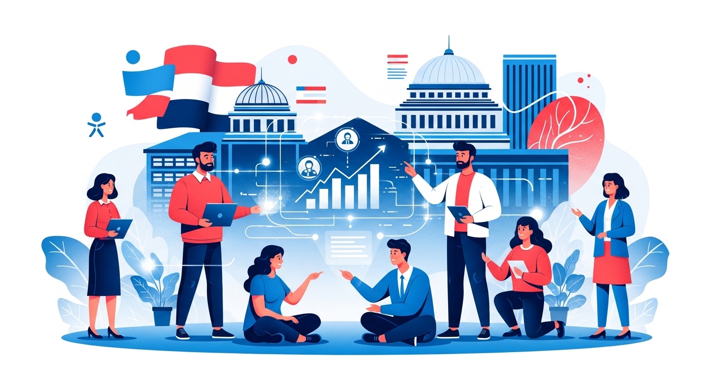 다양한 창업가들이 정부 지원을 받아 아이디어를 현실로 만들고 함께 성장하는 모습을 상징하는 이미지.