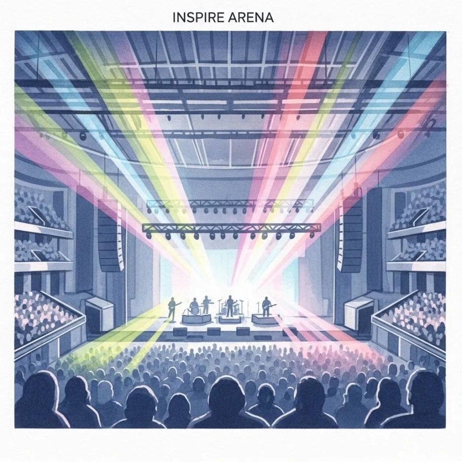 화려한 조명으로 가득 찬 인스파이어 아레나 내부.