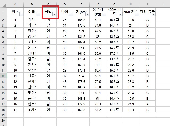 표 상단에 성별 항목 보임