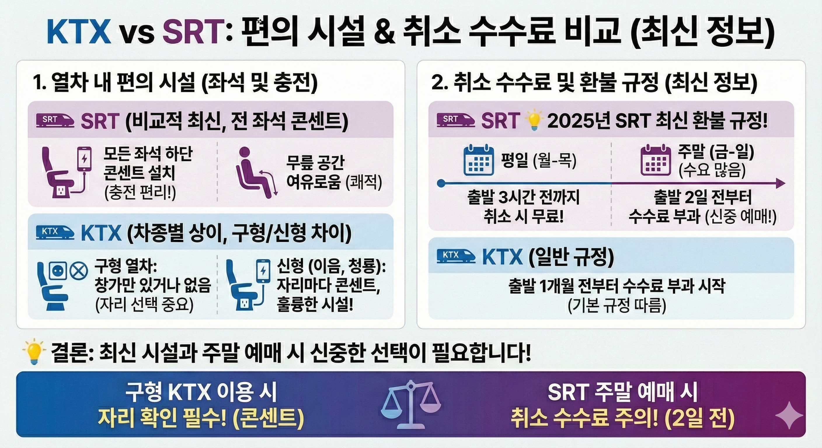 KTX vs SRT 편의 시설 취소 수수료 비교